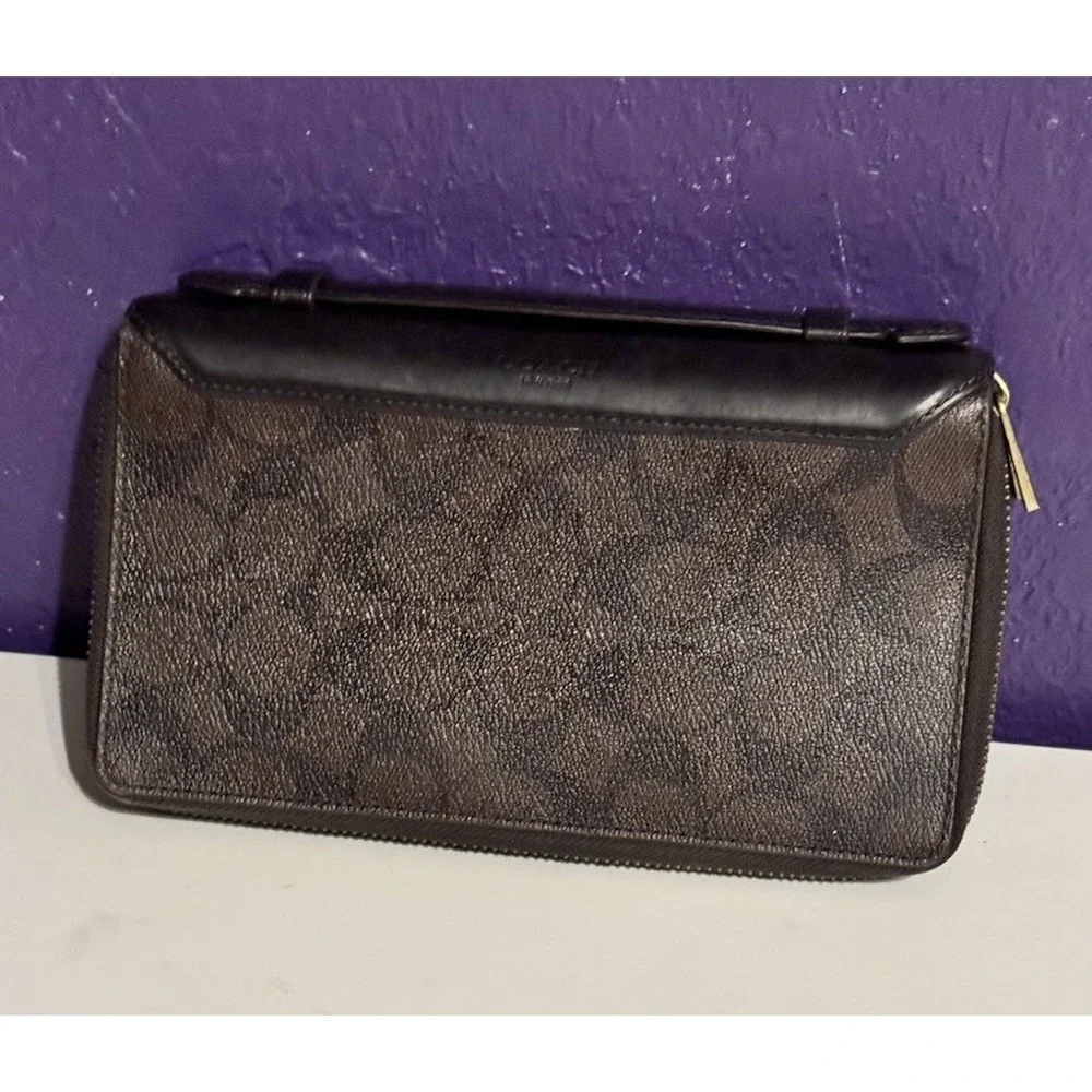 Coach Double Zip Travel Organizer Signature Canvas Brown Bag Case Clutch Rare